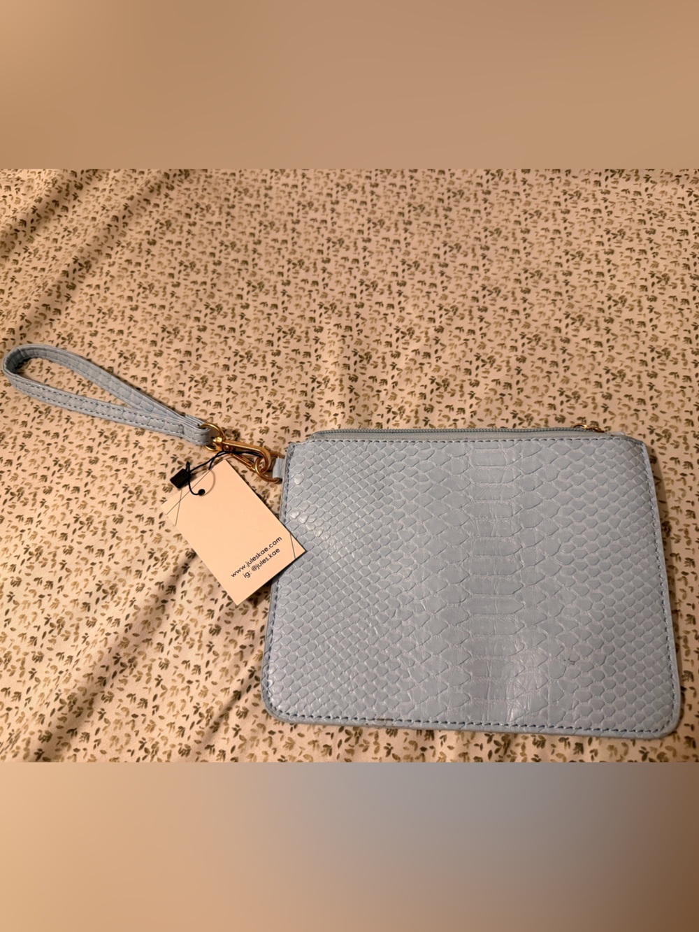 Croc-Embossed Light Blue Wristlet Clutch with Detachable Strap